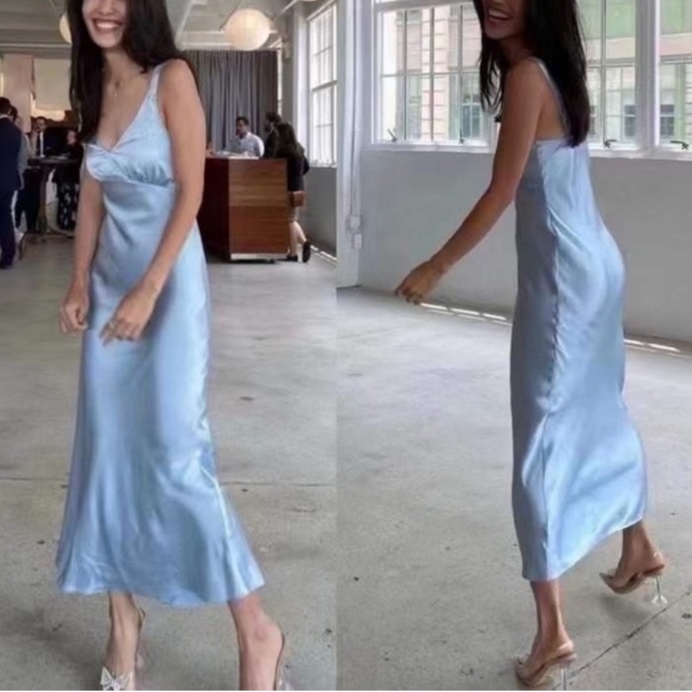 BEST Reformation Daytona Silk Midi Dress - Mineral Blue Causal Cocktail Party - Picture 10 of 12